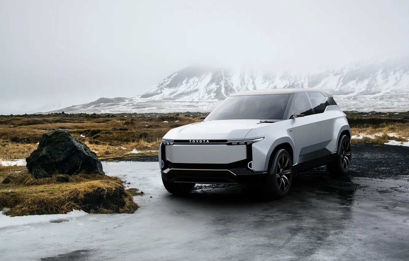 Фото обои лед, горы, Toyota, боке, крузак, Тойота, электромобиль, снега