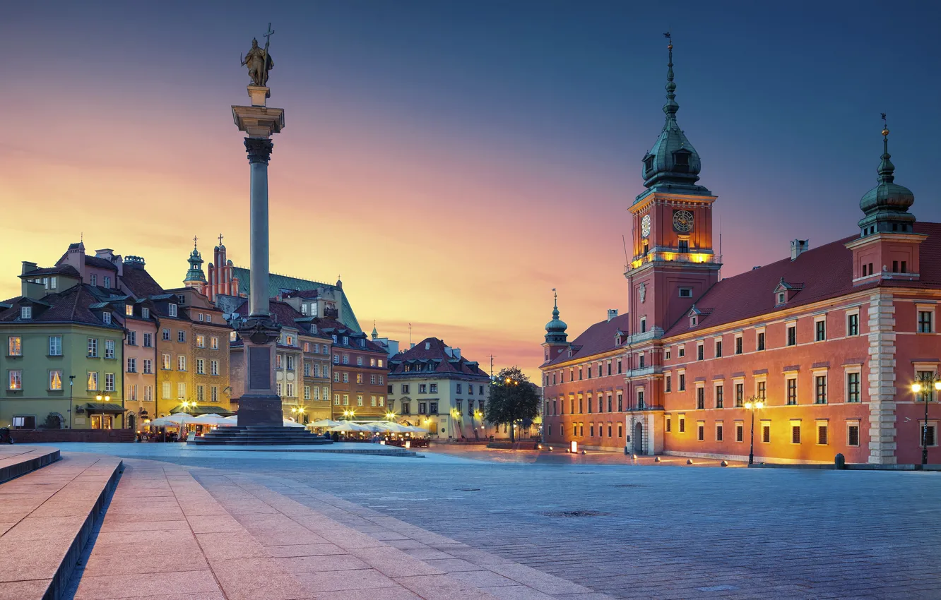 Фото обои площадь, Польша, Варшава, колонна, Королевский дворец