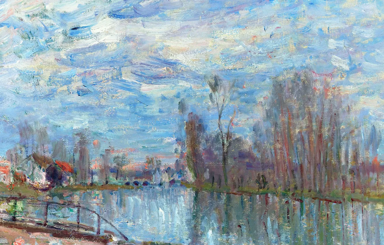 Фото обои пейзаж, картина, Alfred Sisley, Альфред Сислей, Река Луэн и Мост в Морэ-сюр-Луэне