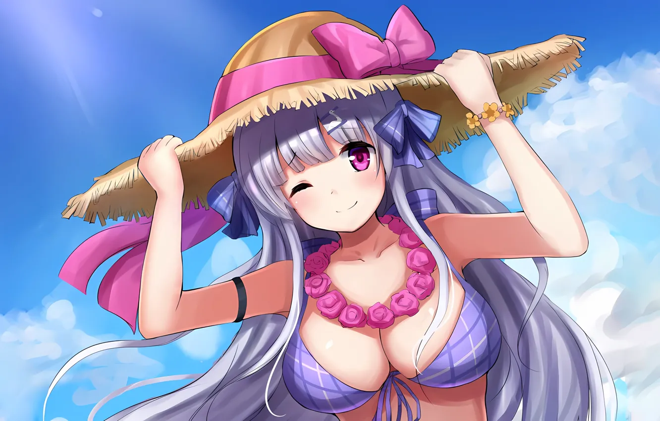 Фото обои girl, sexy, cleavage, sky, long hair, boobs, anime, beautiful