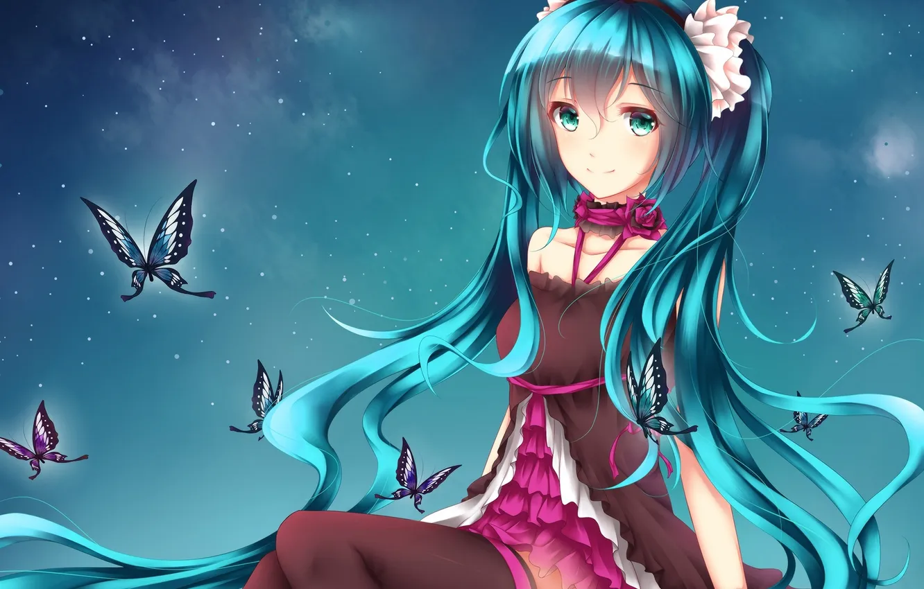 Фото обои девушка, бабочки, улыбка, аниме, арт, vocaloid, hatsune miku, 7th dragon 2020