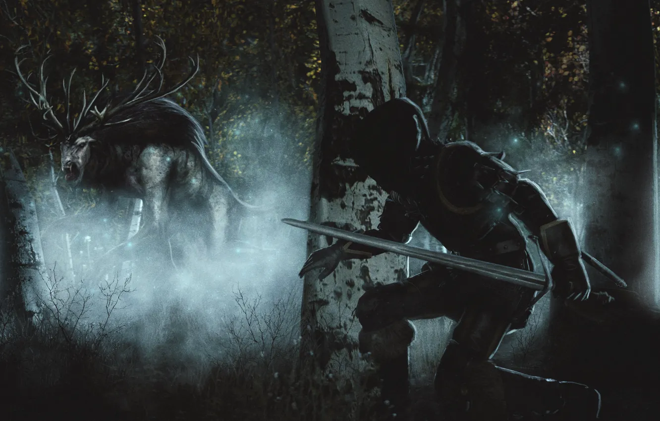 Фото обои лес, ночь, арт, ведьмак, Witcher, The Witcher 3: Wild Hunt, Бес, Wild Hunt