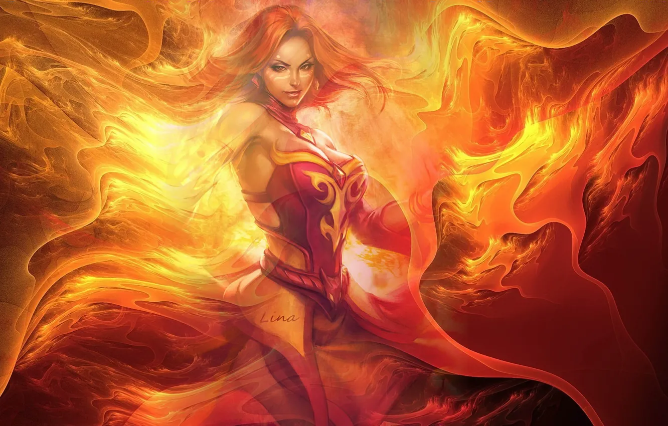 Фото обои девушка, украшения, пламя, магия, Lina Inverse, DOTA, Defense Of The Ancients