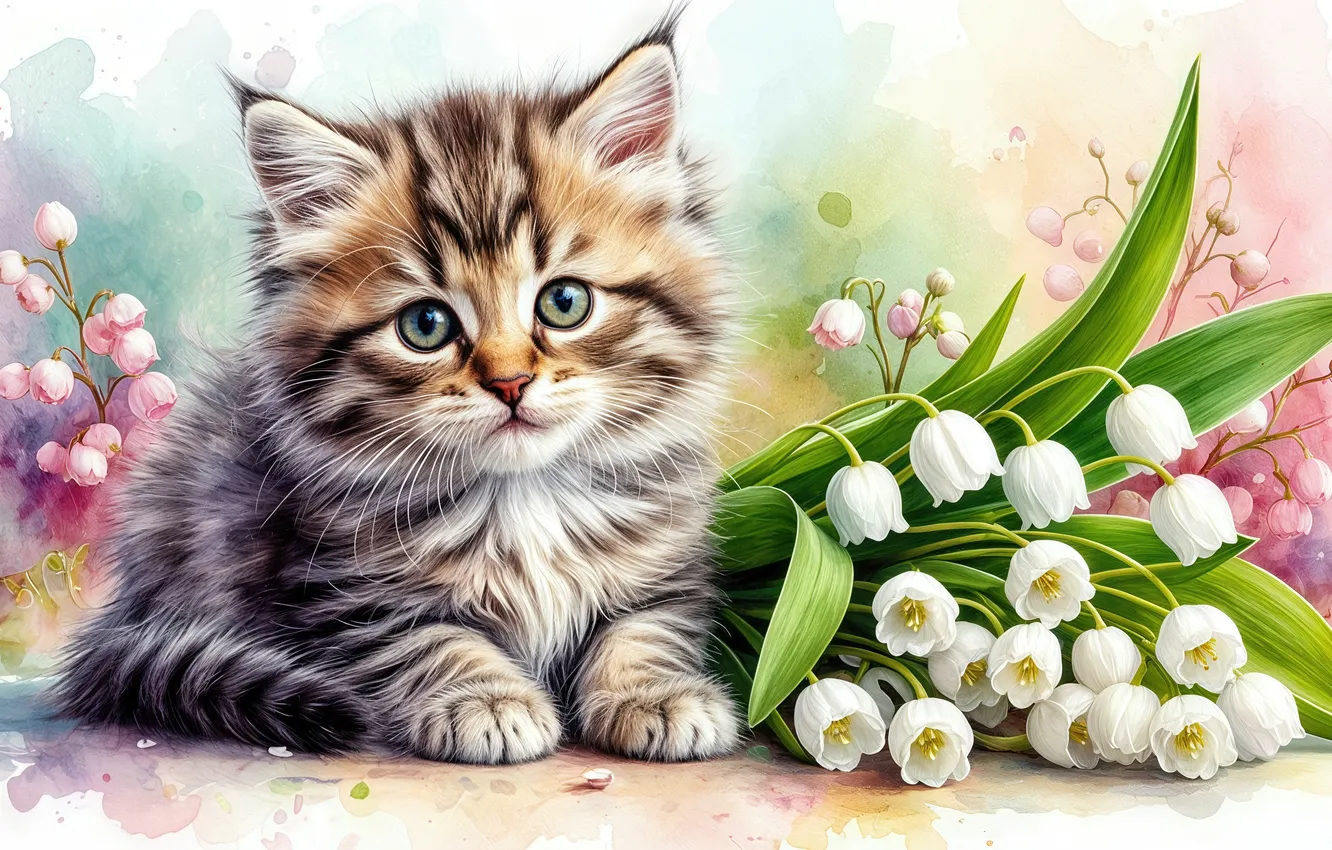 Фото обои animals, kitten, flowers