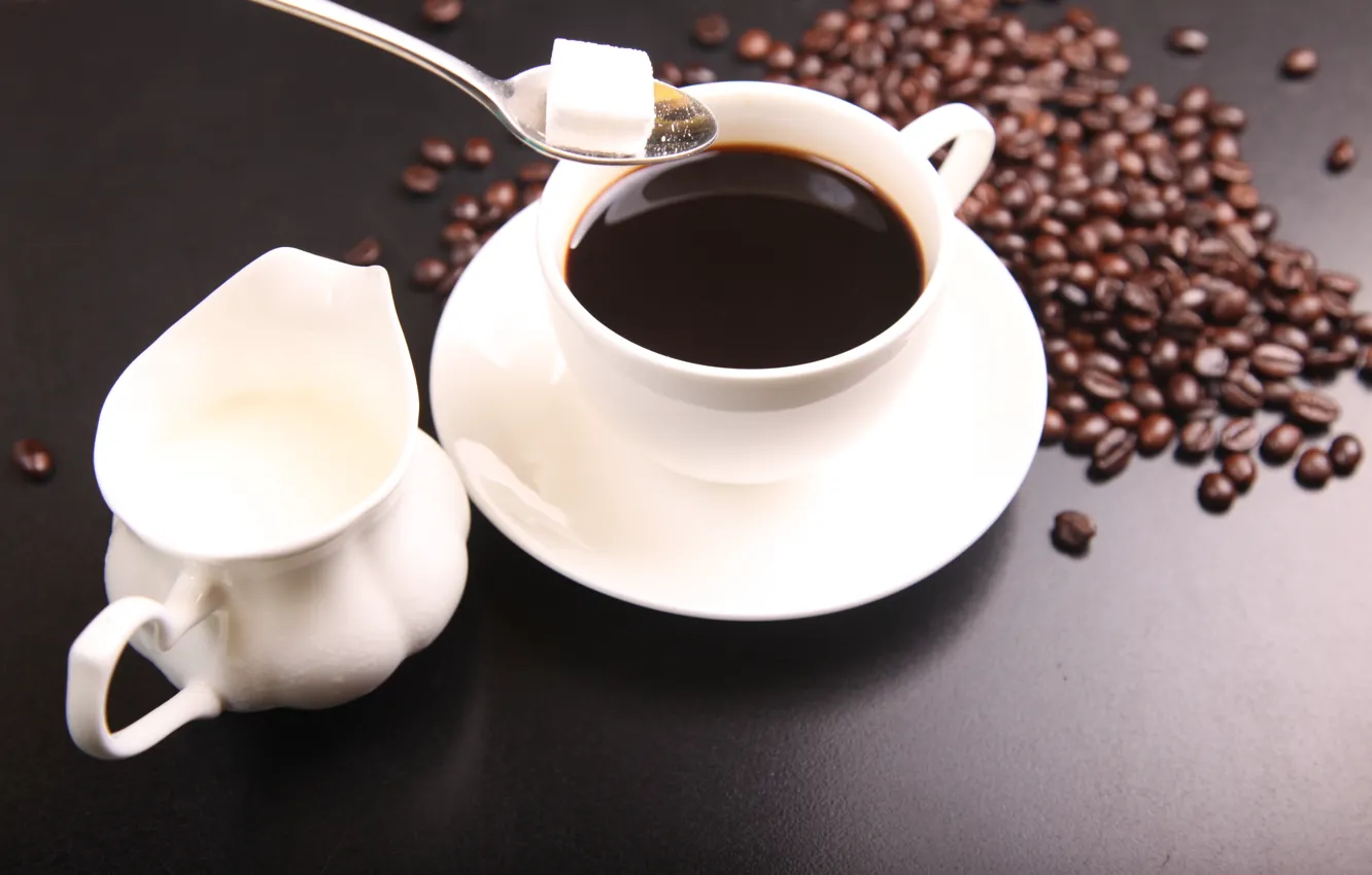Фото обои зерна, Кофе, молоко, сахар кусковой
