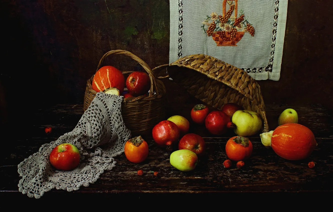 Фото обои яблоки, еда, фрукты, натюрморт, предметы, гранаты, вышивка, композиция