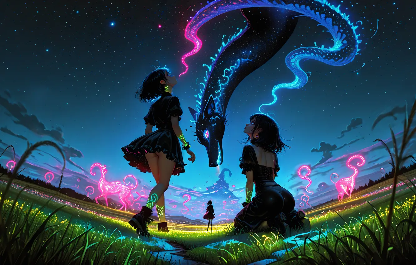 Фото обои girls, night, flowers, stars, neon, dragon, digital art, artwork