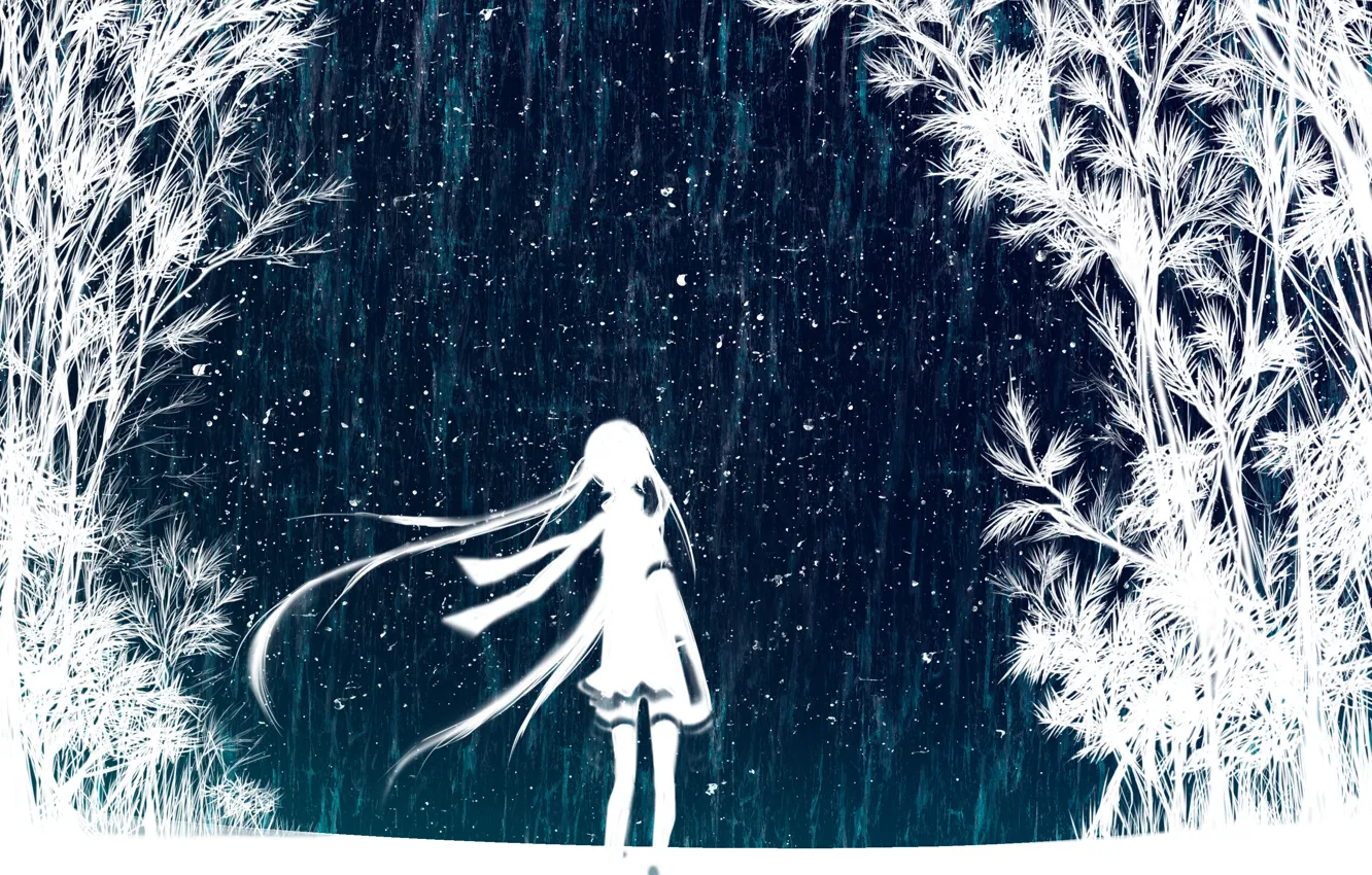 Фото обои небо, девушка, звезды, деревья, ночь, арт, vocaloid, hatsune miku