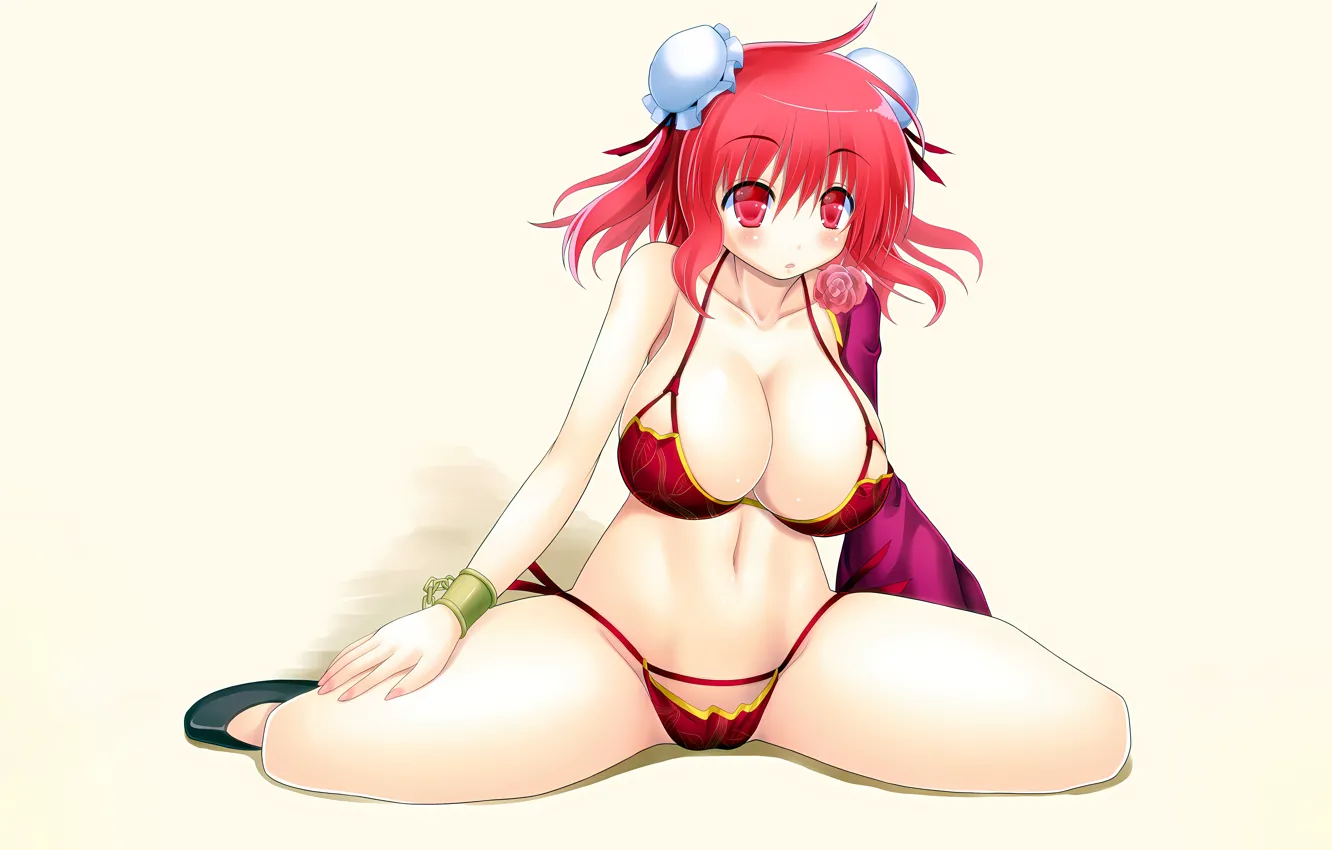 Фото обои girl, sexy, cleavage, red hair, legs, boobs, anime, beautiful