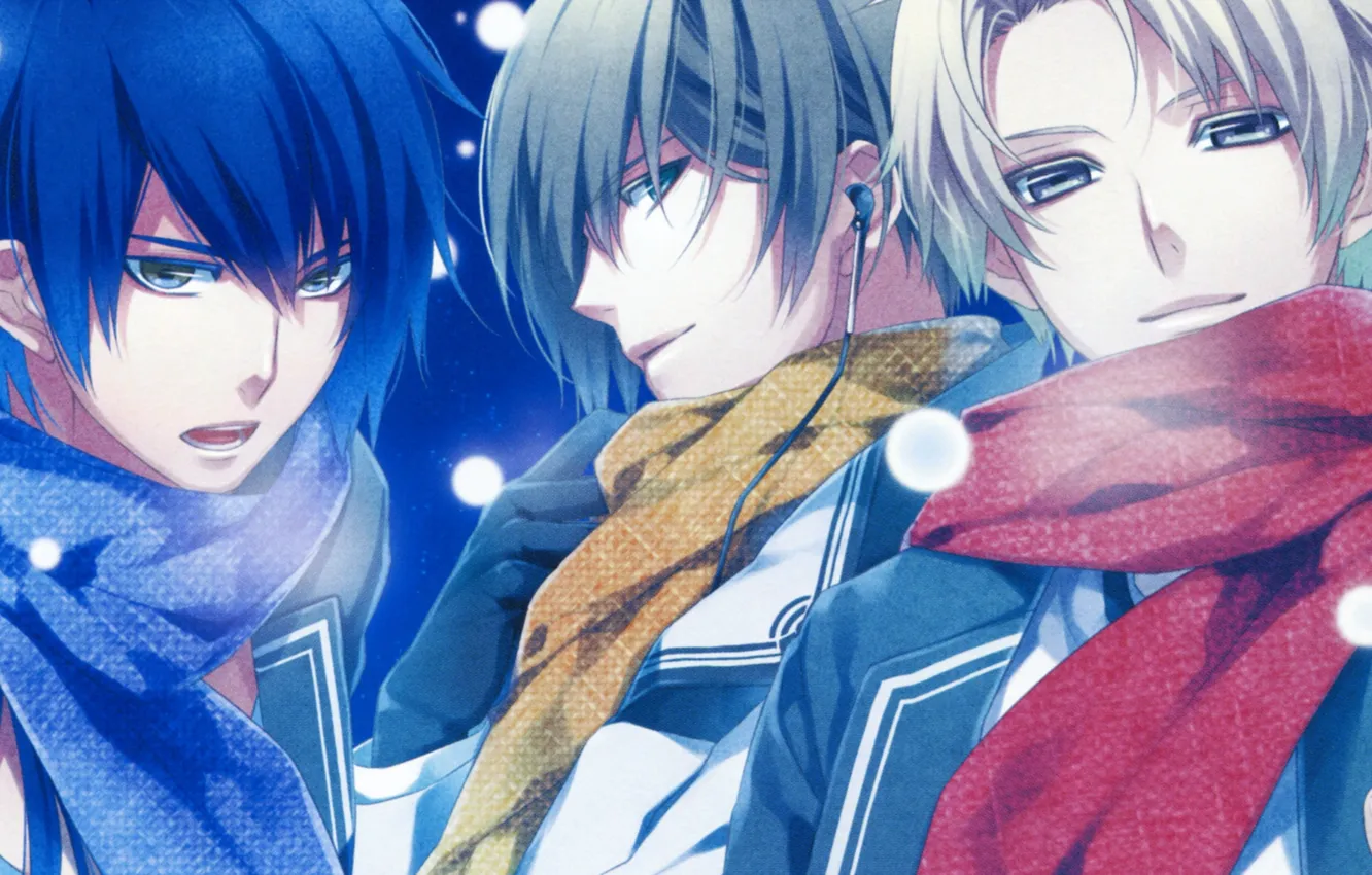 Фото обои снег, наушники, шарф, три парня, akito syukuri, kakeru yuiga, natsuhiko azuma, NORN9