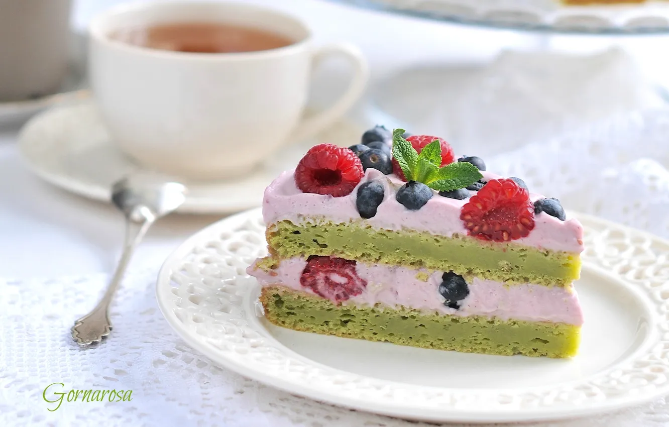 Фото обои ягоды, малина, чай, торт, мята, крем, кусок, голубика