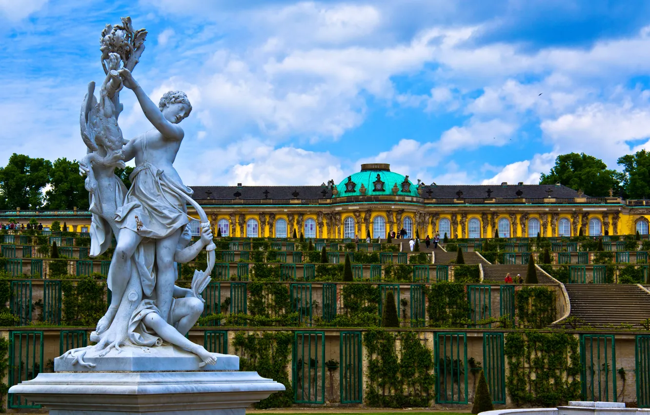 Фото обои Германия, лестницы, архитектура, дворец, скульптуры, Potsdam, Sanssouci Palace