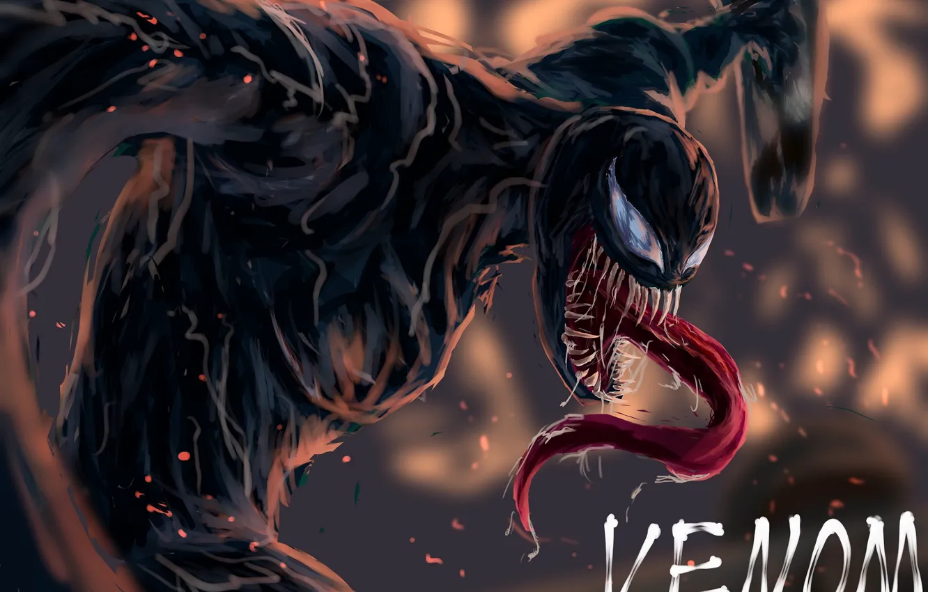 Фото обои язык, прыжок, арт, пасть, комиксы, Веном, Venom, симбиот