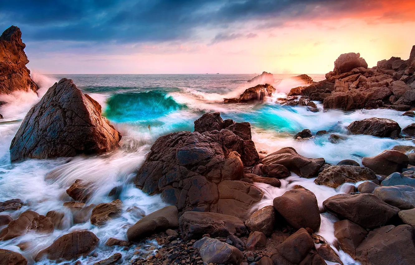 Фото обои море, волны, природа, скалы, берег