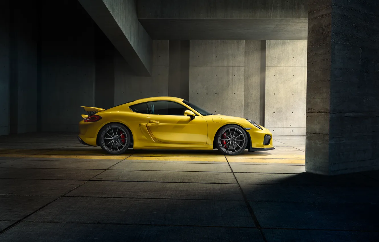 Фото обои Porsche, Cayman, Yellow, Side, Parking, Supercar, GT4, 2015