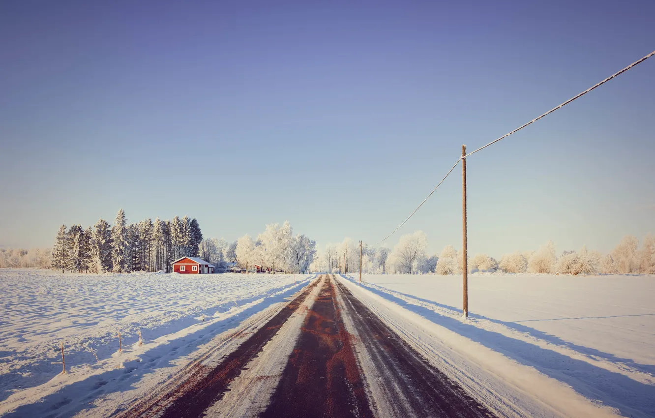 Фото обои дорога, снег, деревья, дом, house, road, trees, snow