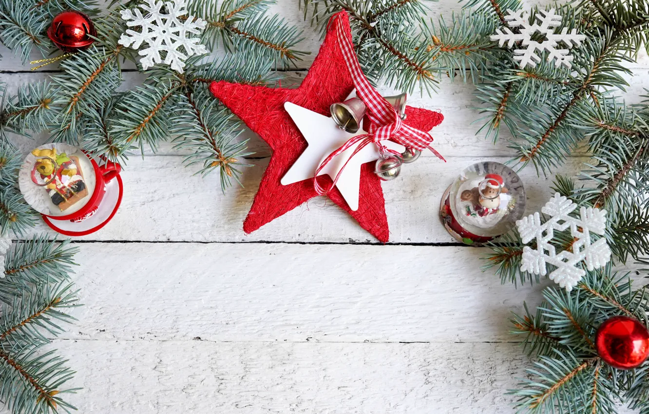 Фото обои снег, украшения, снежинки, Новый Год, Рождество, christmas, balls, wood