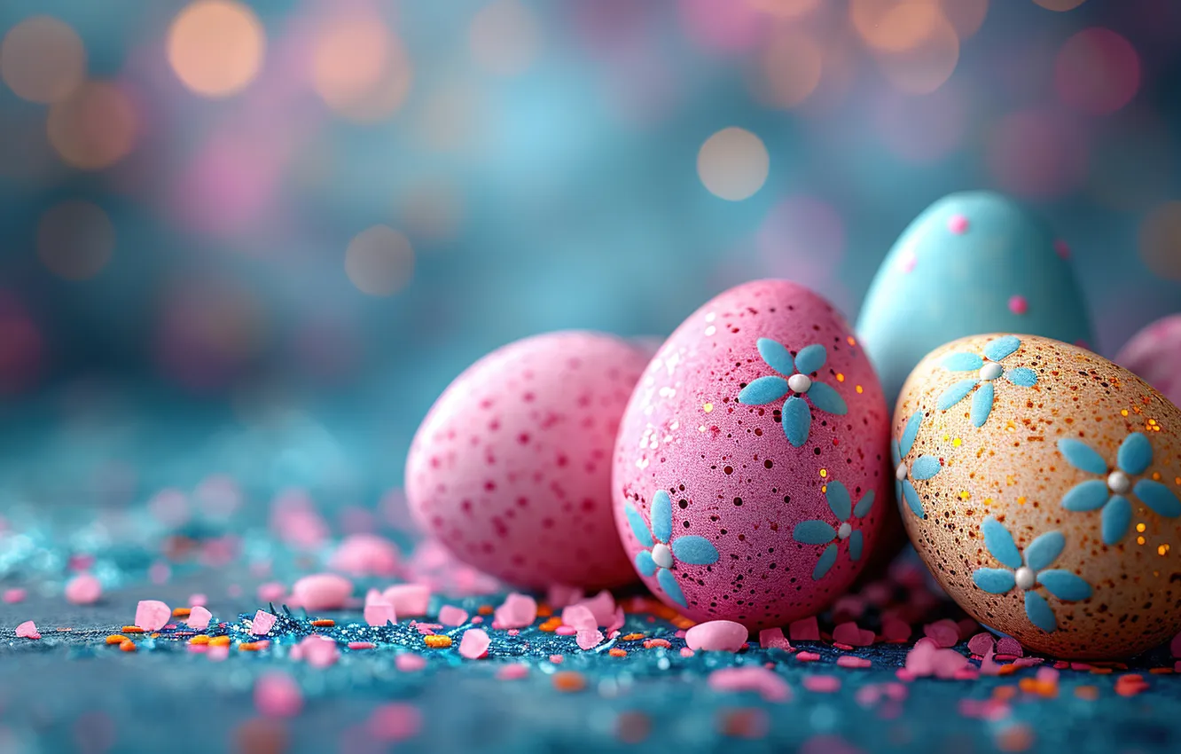 Фото обои цветы, яйца, весна, colorful, Пасха, happy, pink, flowers