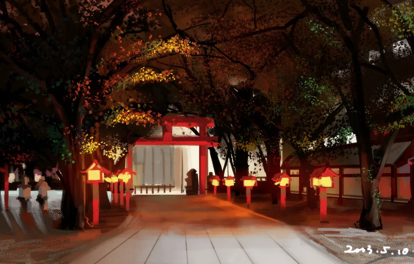Фото обои дорога, деревья, ворота, Япония, фонари, храм, art, Shuizhanglang