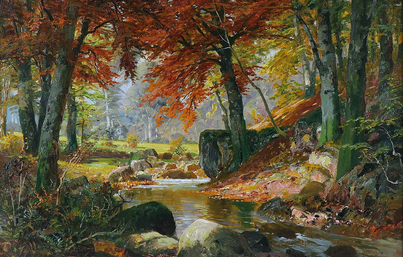 Фото обои Деревья, Ручей, Картина, Alois Arnegger, Алоис Арнеггер, Австрийский живописец, Лесной пейзаж с ручьем