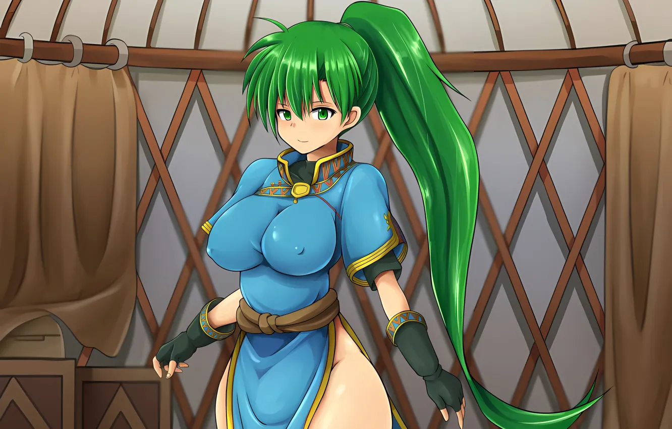 Фото обои girl, sexy, erect nipples, green eyes, long hair, dress, boobs, anime