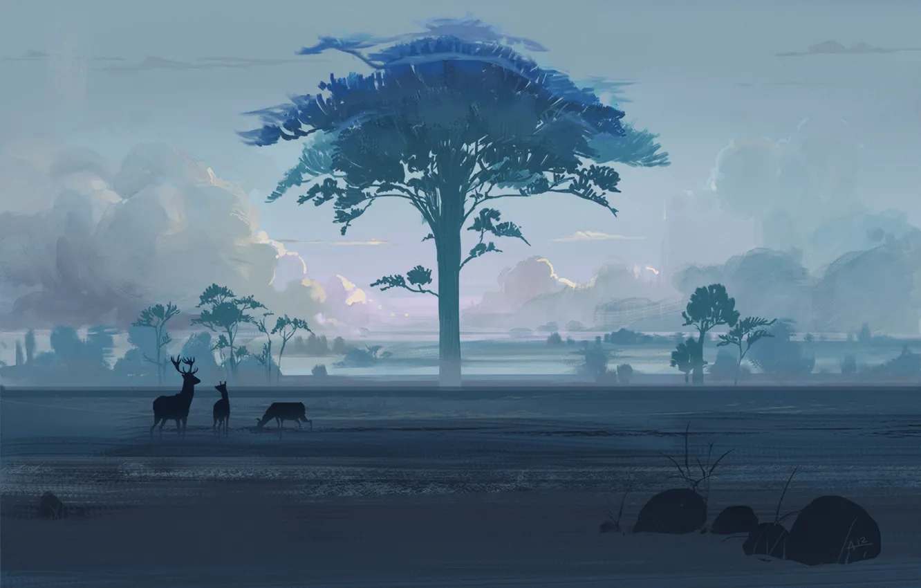 Фото обои животные, облака, камни, дерево, арт, олени