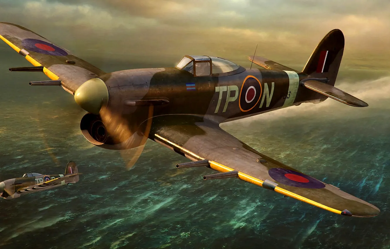 Фото обои British, истребитель-бомбардировщик, artwork, поршневой, Typhoon, Royal Air Force, Hawker, WWII