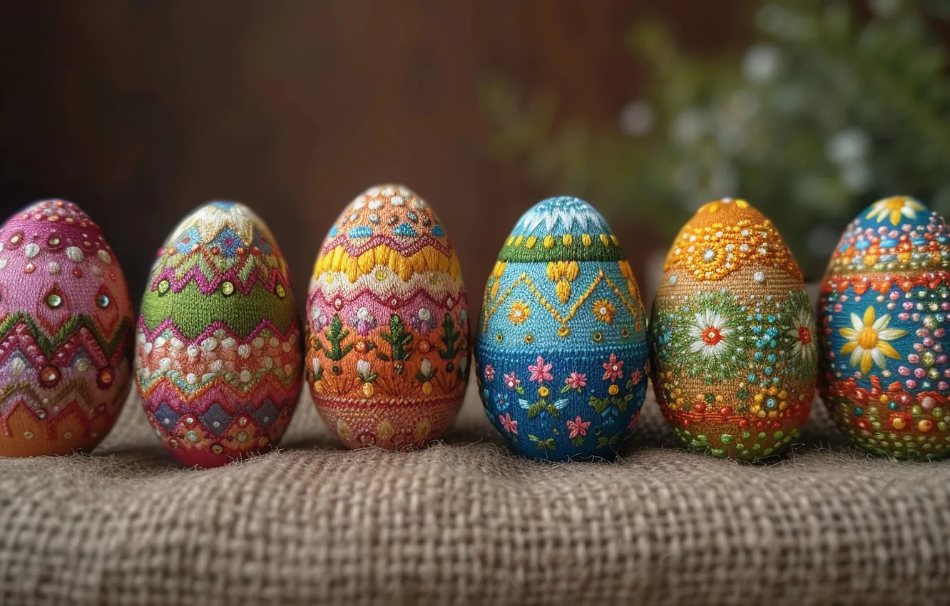 Фото обои праздник, узор, яйца, весна, стразы, Пасха, нитки, творчество