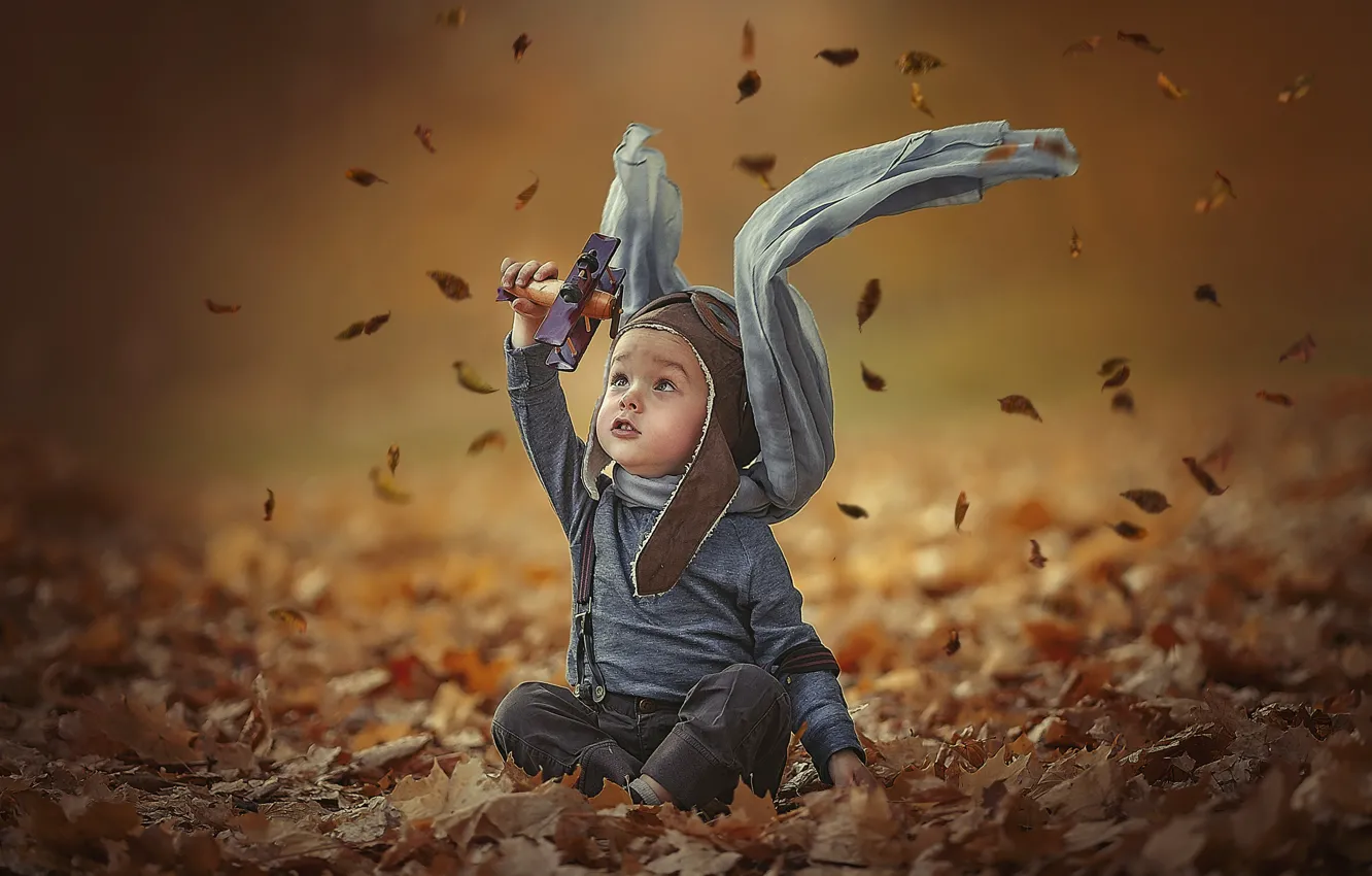 Фото обои осень, листья, игрушка, игра, мальчик, малыш, арт, ребёнок