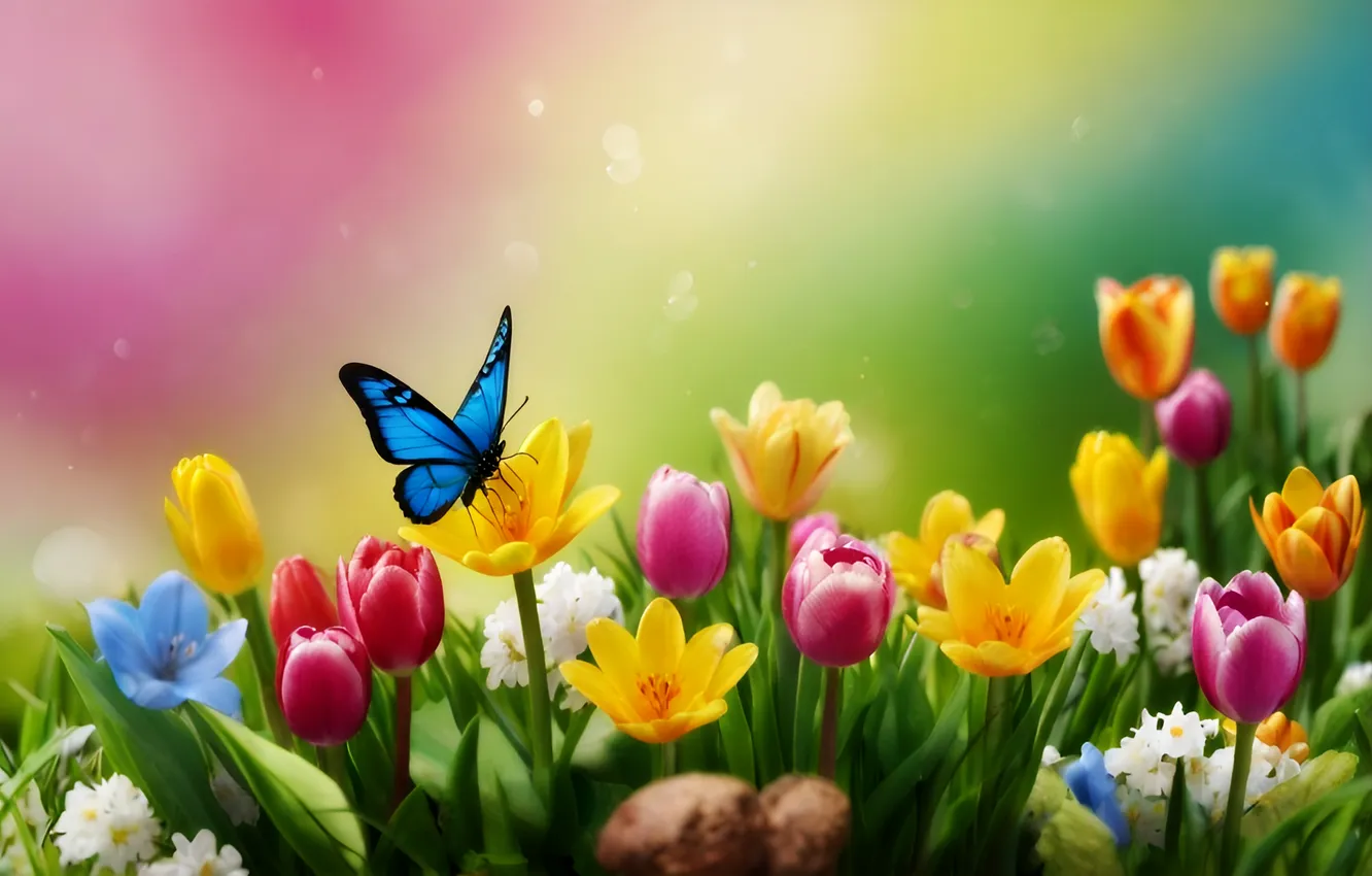 Фото обои поле, цветы, весна, colorful, цветение, flowers, spring, bright