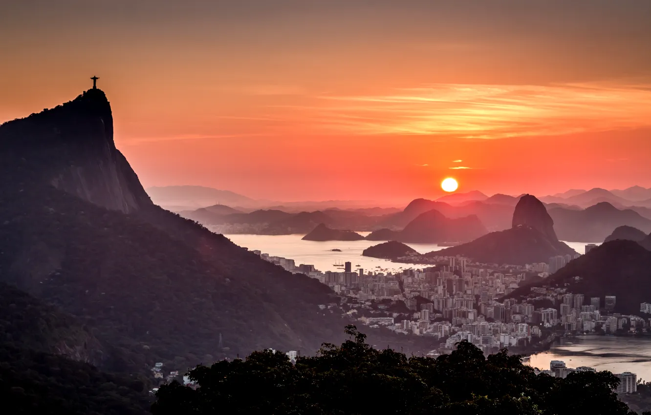 Фото обои пейзаж, закат, горы, город, панорама, Рио де Жанейро