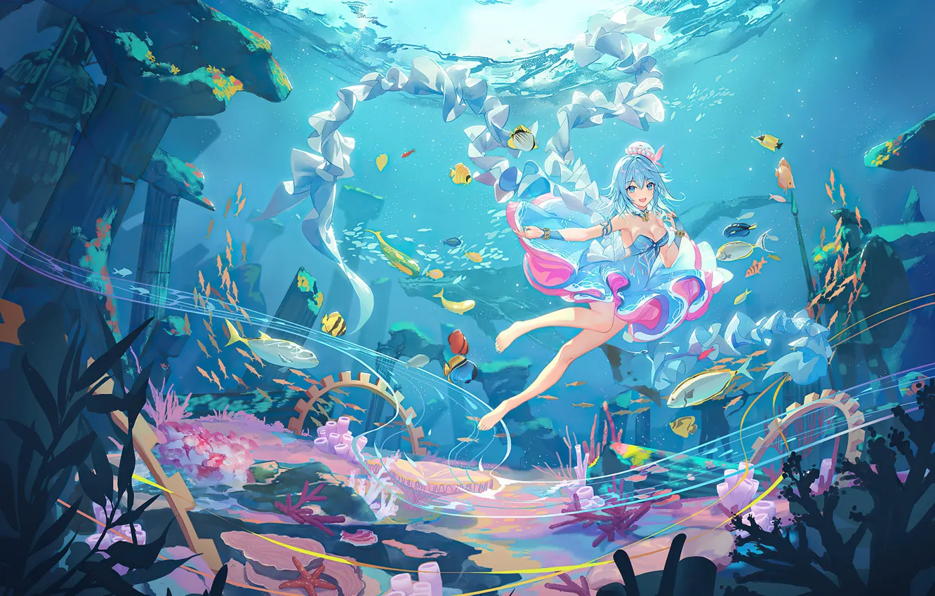 Фото обои девушка, океан, Vocaloid, Вокалоид, риф, Hai Yi