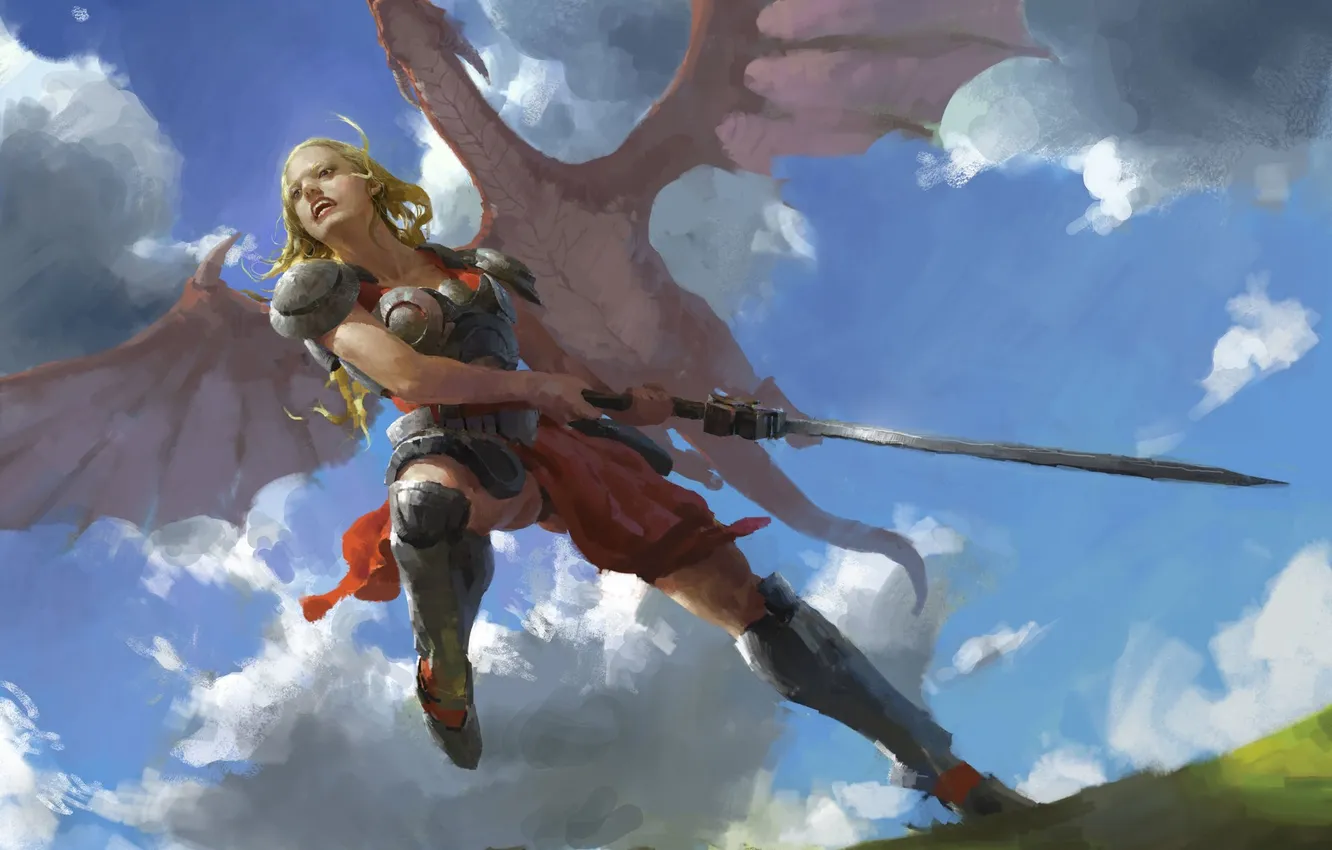 Фото обои girl, sword, fantasy, armor, sky, Warrior, clouds, dragon