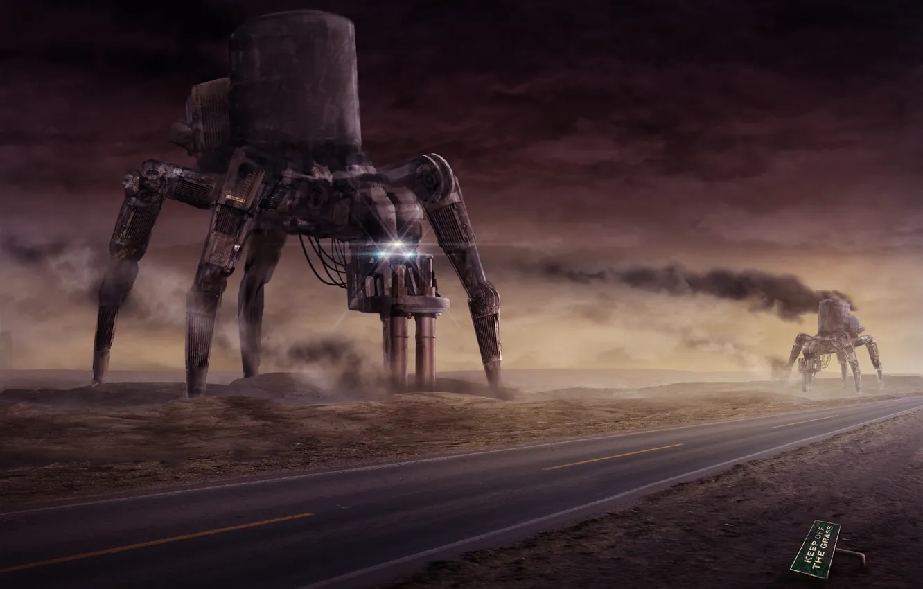 Фото обои дорога, пауки, роботы, америка, The Driller
