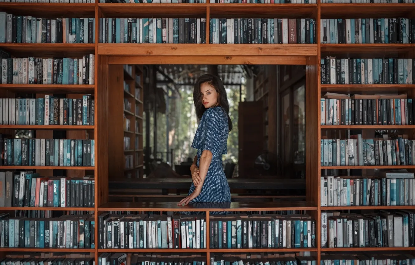 Фото обои девушка, beautiful, model, brunette, books, red lipstick, blue dress, bookstore