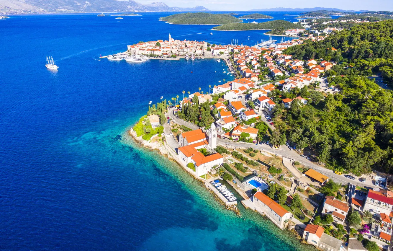 Фото обои море, побережье, панорама, Хорватия, Адриатика, Ядран, архипелаг, вид с высоты
