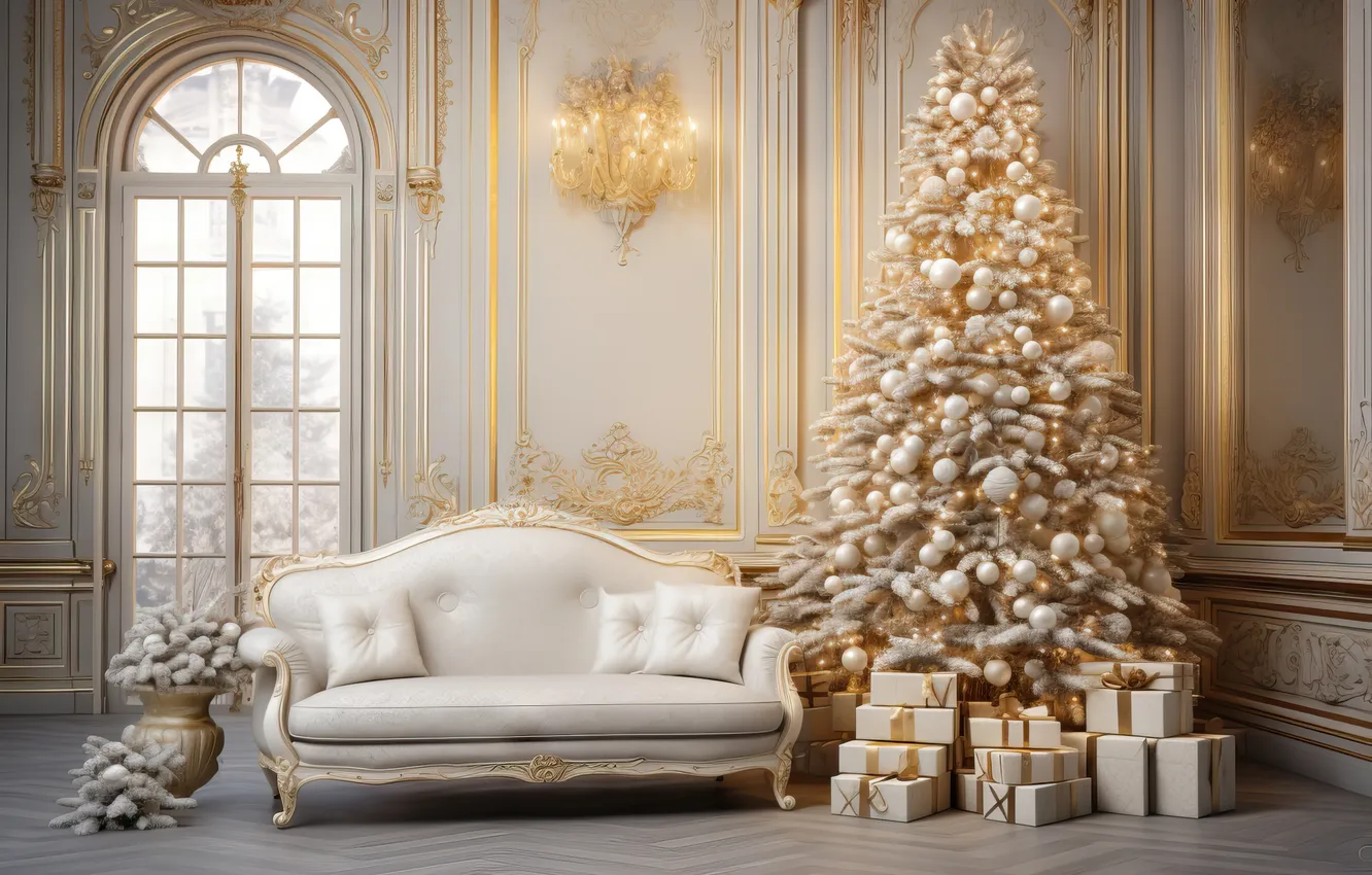Фото обои комната, елка, интерьер, Рождество, Новый год, Christmas, view, tree