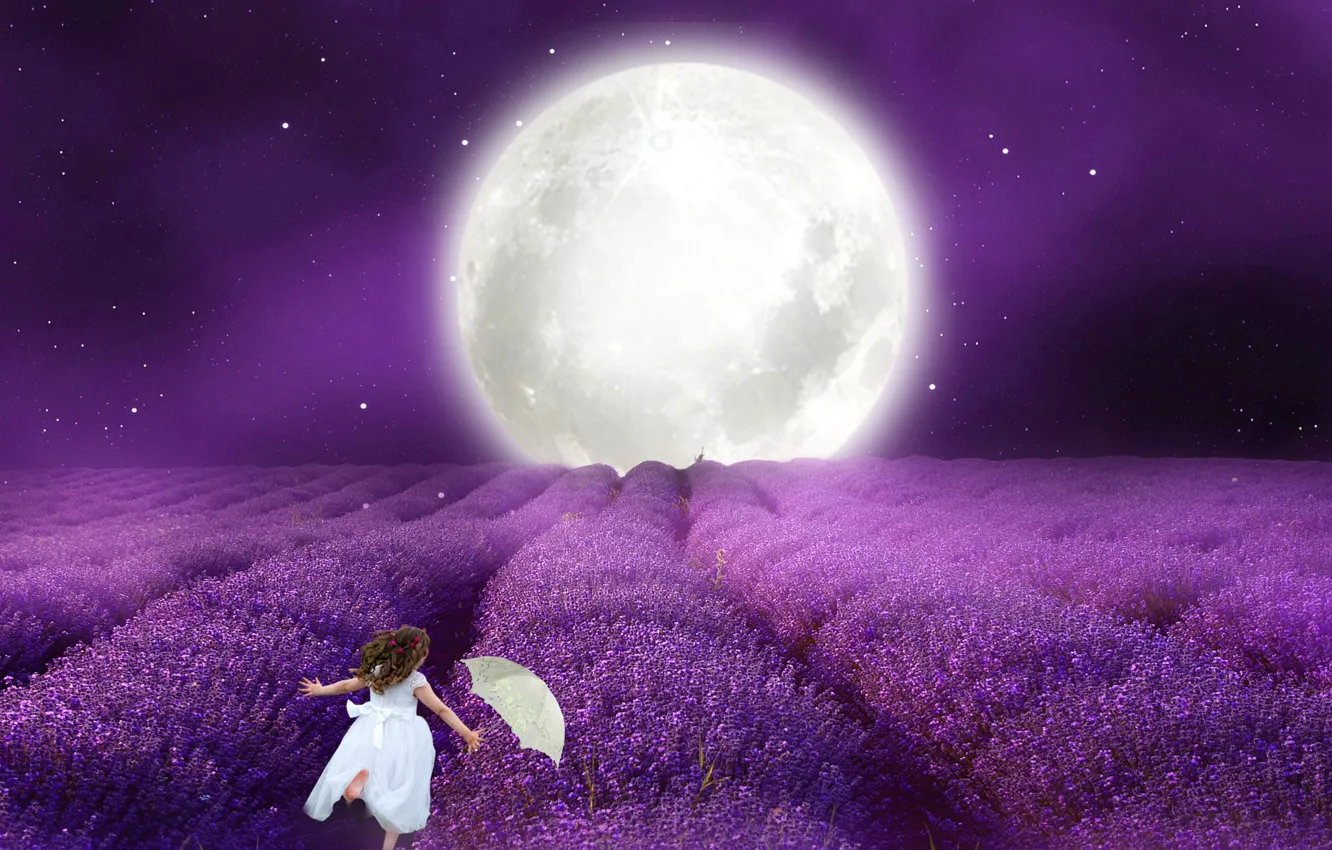 Фото обои ночь, зонтик, Луна, белое платье, маленькая девочка, лавандовое поде