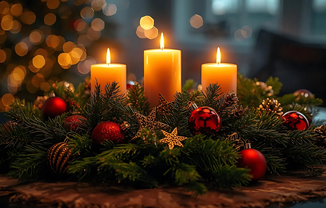 Фото обои украшения, шары, свечи, Рождество, венок, balls, wood, candles