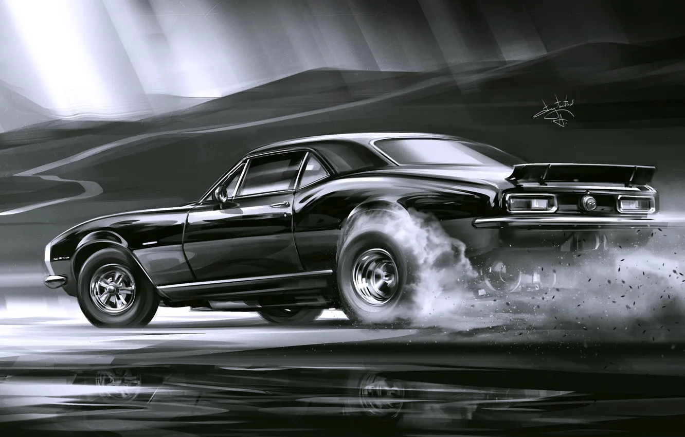 Фото обои Car, Art, Black, Smoke, Sketch, Aleksandr Sidelnikov, Chevrolet Camaro SS 1969
