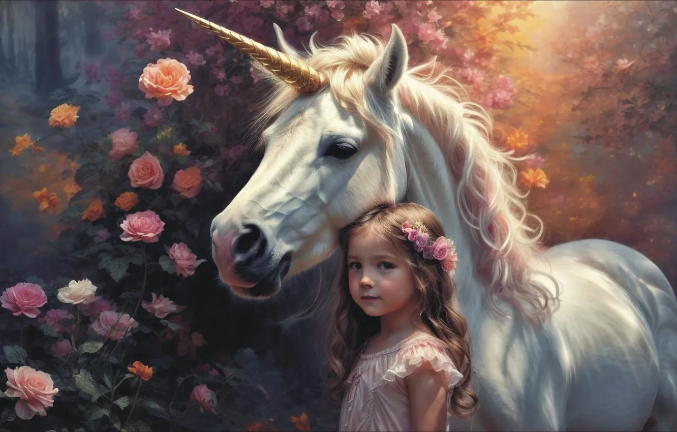 Фото обои фантастика, пара, единорог, девочка, ART, АРТ, two, unicorn