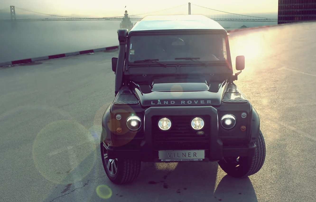 Фото обои мост, чёрный, берег, тюнинг, Land Rover, tuning, передок, Defender