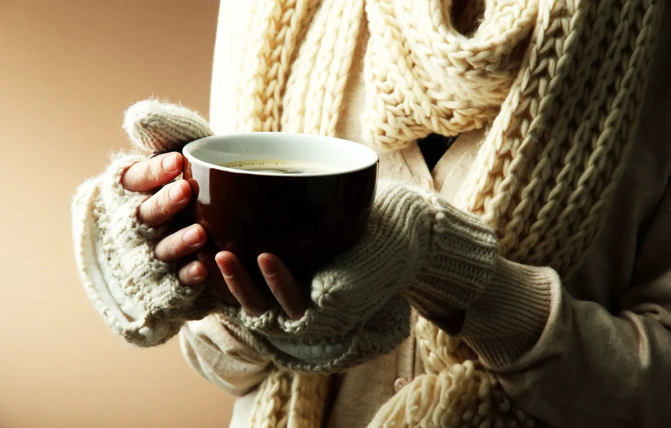 Фото обои зима, девушка, тепло, фон, обои, настроения, руки, шарф
