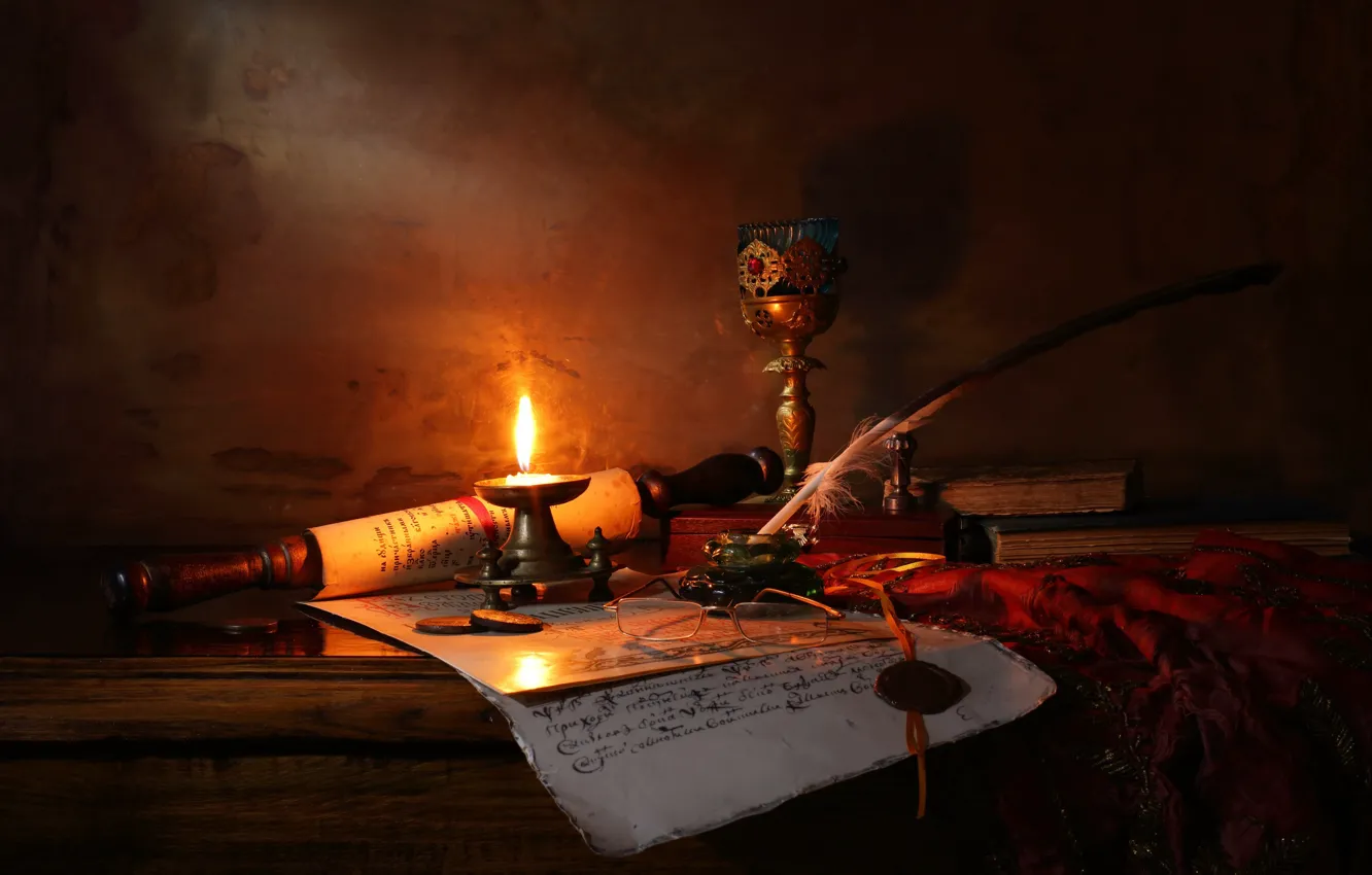 Фото обои свечи, Натюрморт со свечой и свитком, Still life with candle and scroll