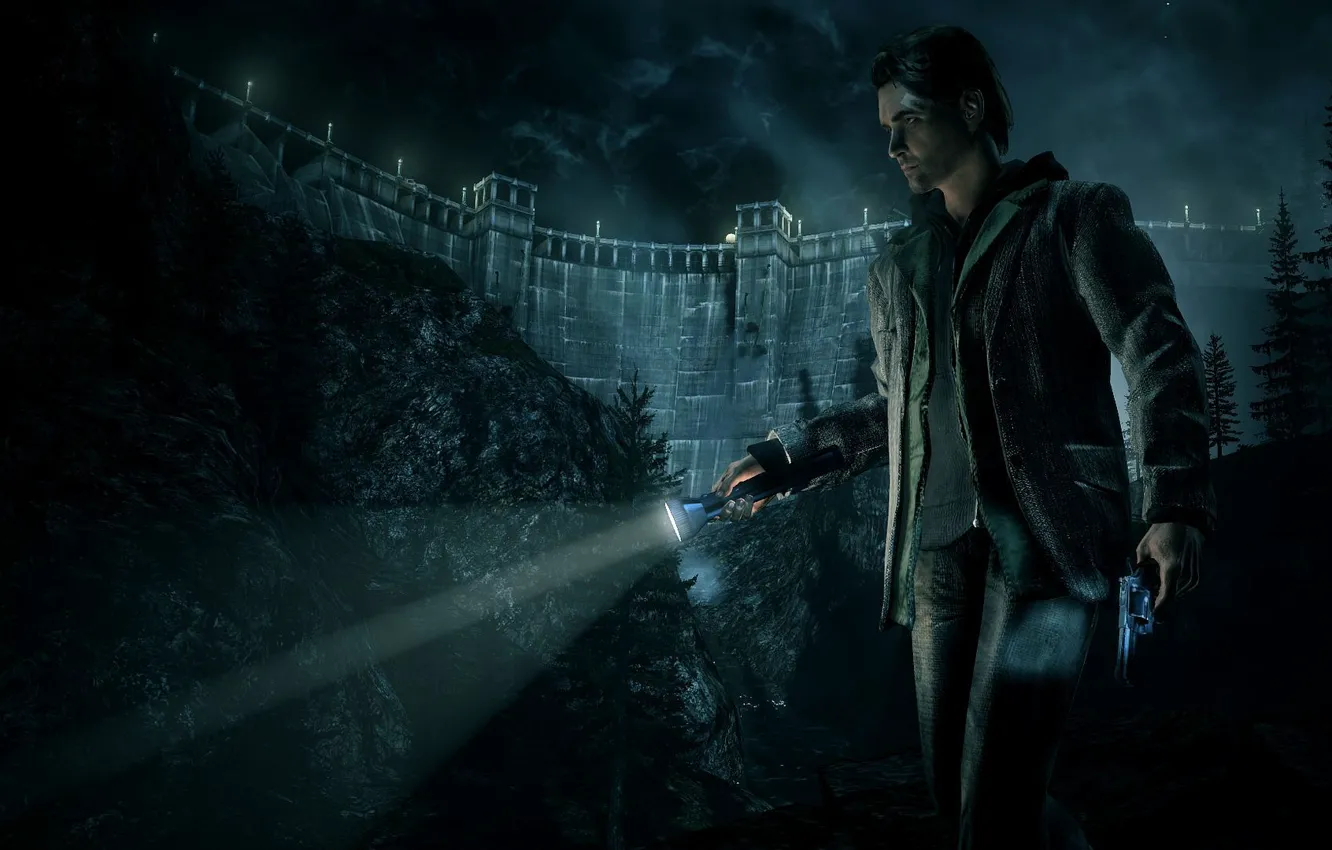 Фото обои лес, ночь, мрак, фонарик, Alan Wake