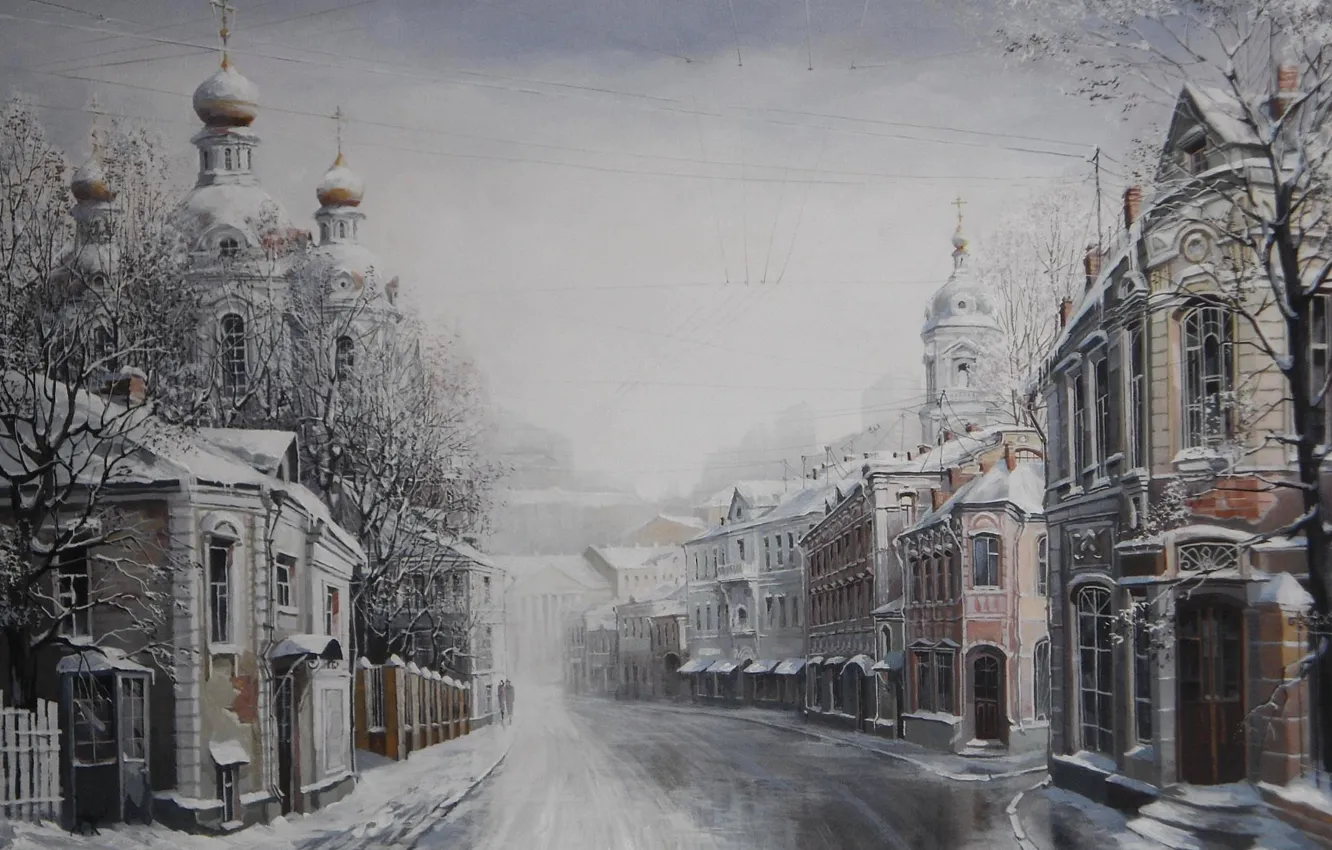 Фото обои зима, дома, церковь, Александр Стародубов, С Рождеством! живопись