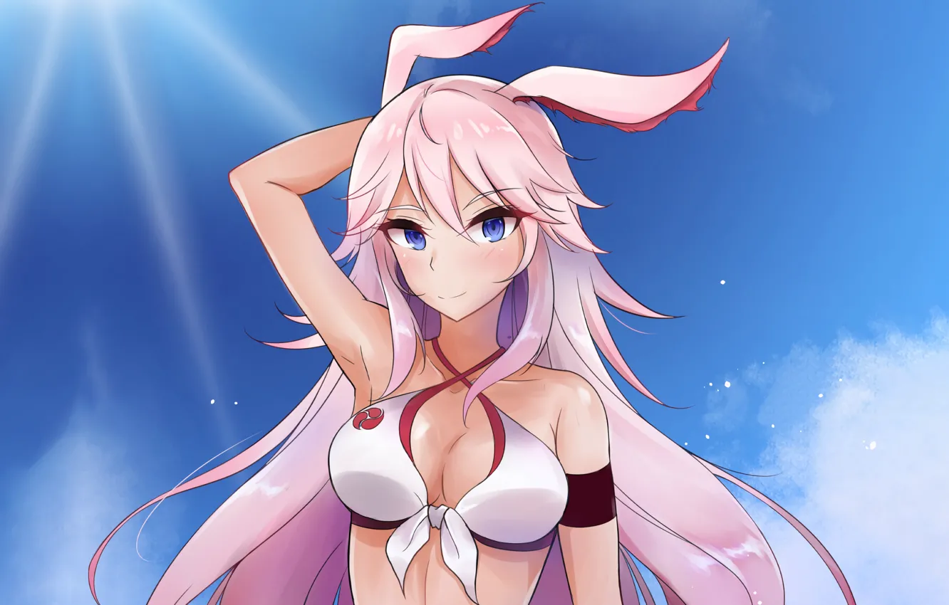 Фото обои girl, sexy, cleavage, pink hair, sky, long hair, boobs, animal ears