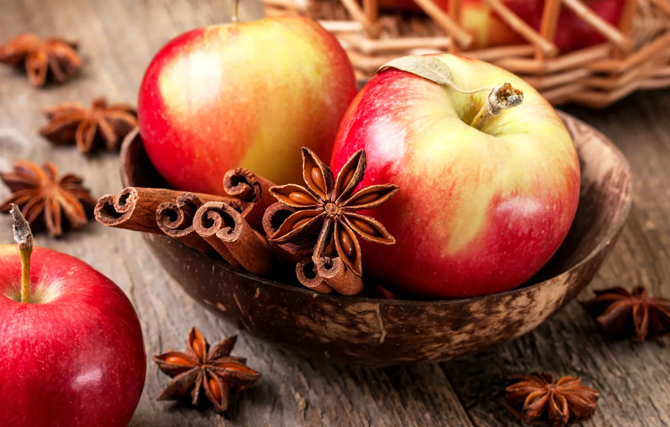 Фото обои яблоки, корица, fruit, пряности, apples, cinnamon, анис