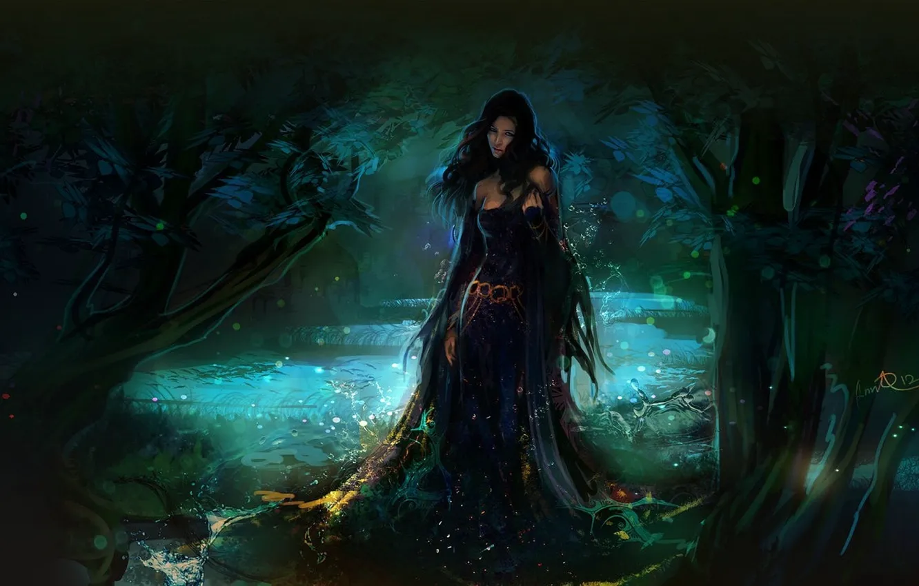 Фото обои лес, вода, девушка, капли, фэнтези, арт