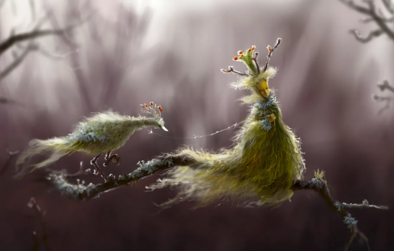 Фото обои лес, девушка, снег, птица, ветка, арт, поводок